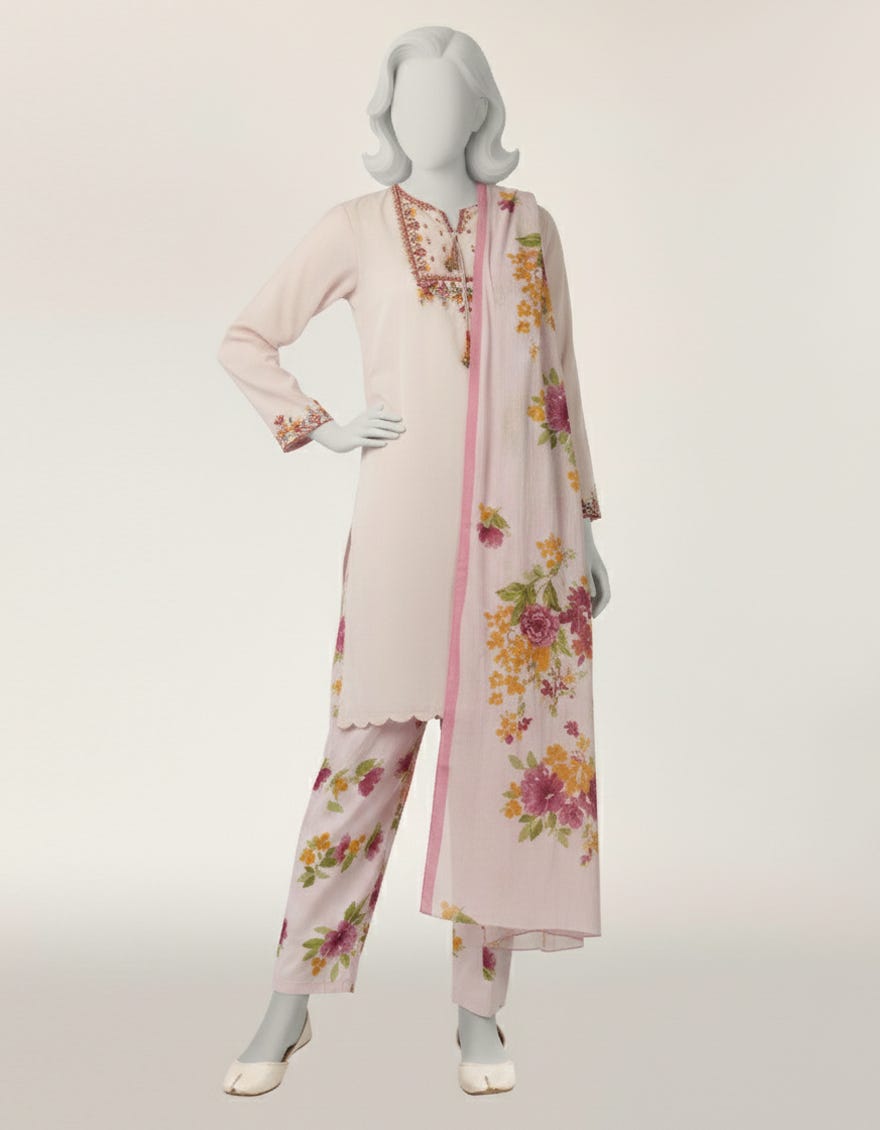 PINK LAWN EMBROIDERED STITCHED 3PC