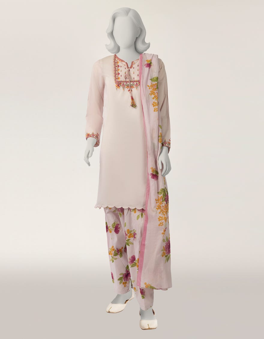 PINK LAWN EMBROIDERED STITCHED 3PC
