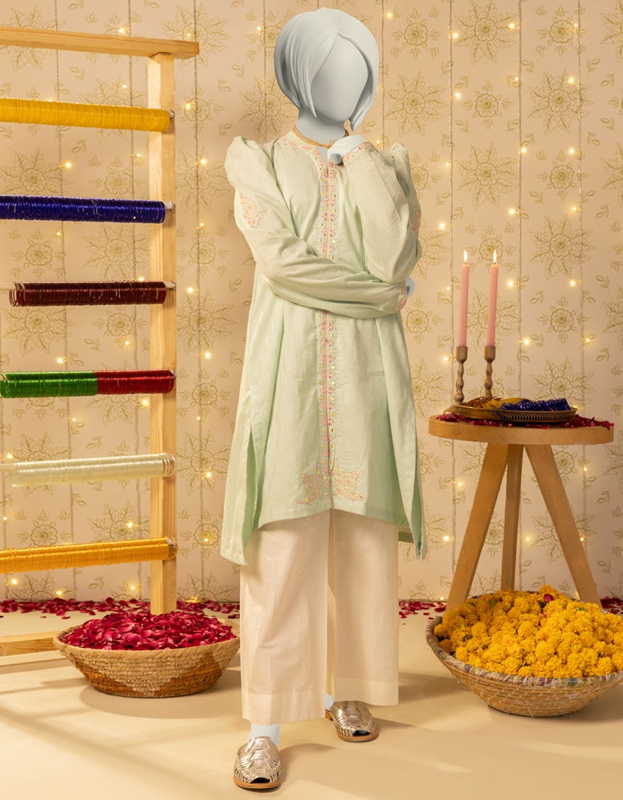GREEN DOBBY EMBROIDERED KURTA