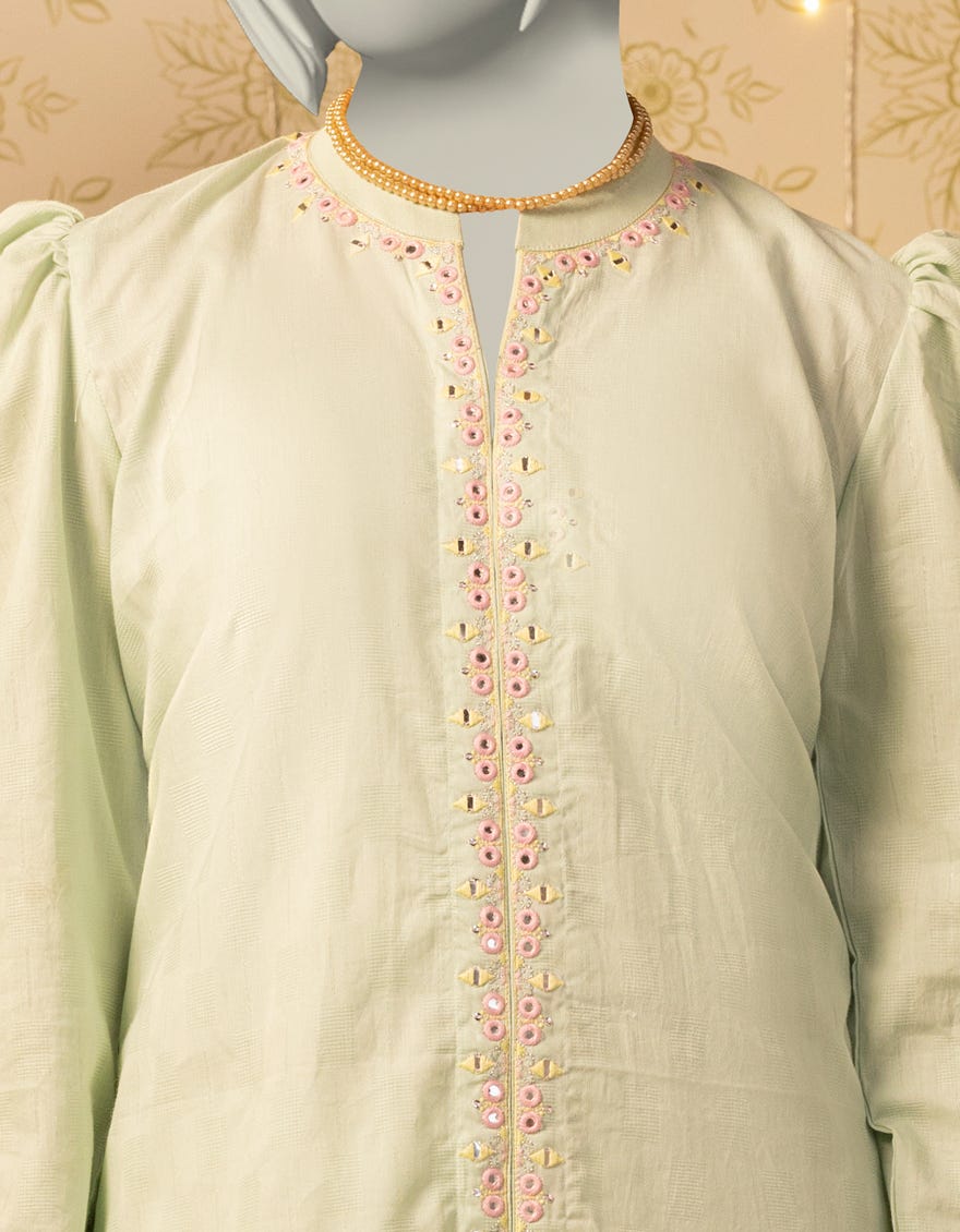 GREEN DOBBY EMBROIDERED KURTA