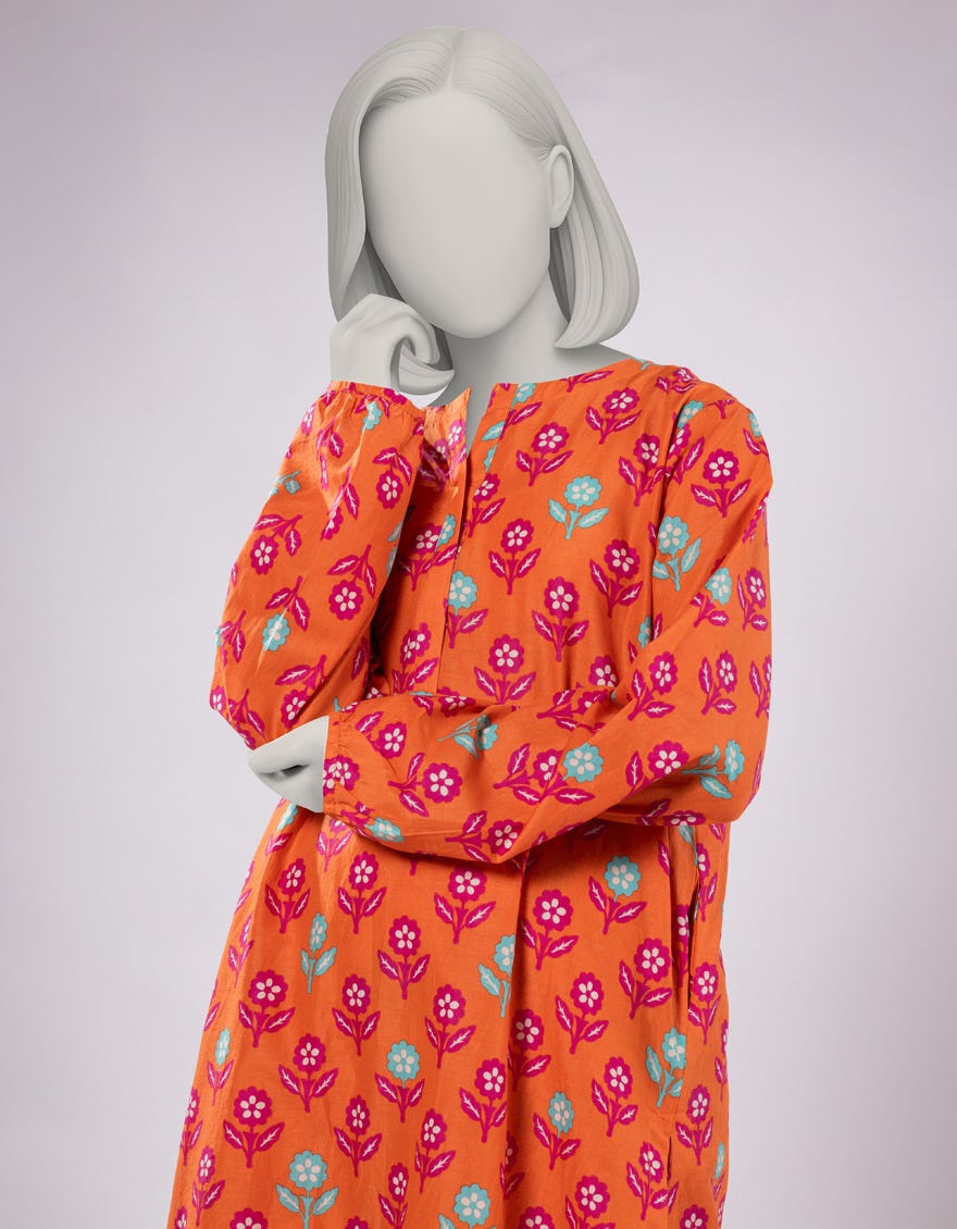 ORANGE LAWN PRINTED KURTA