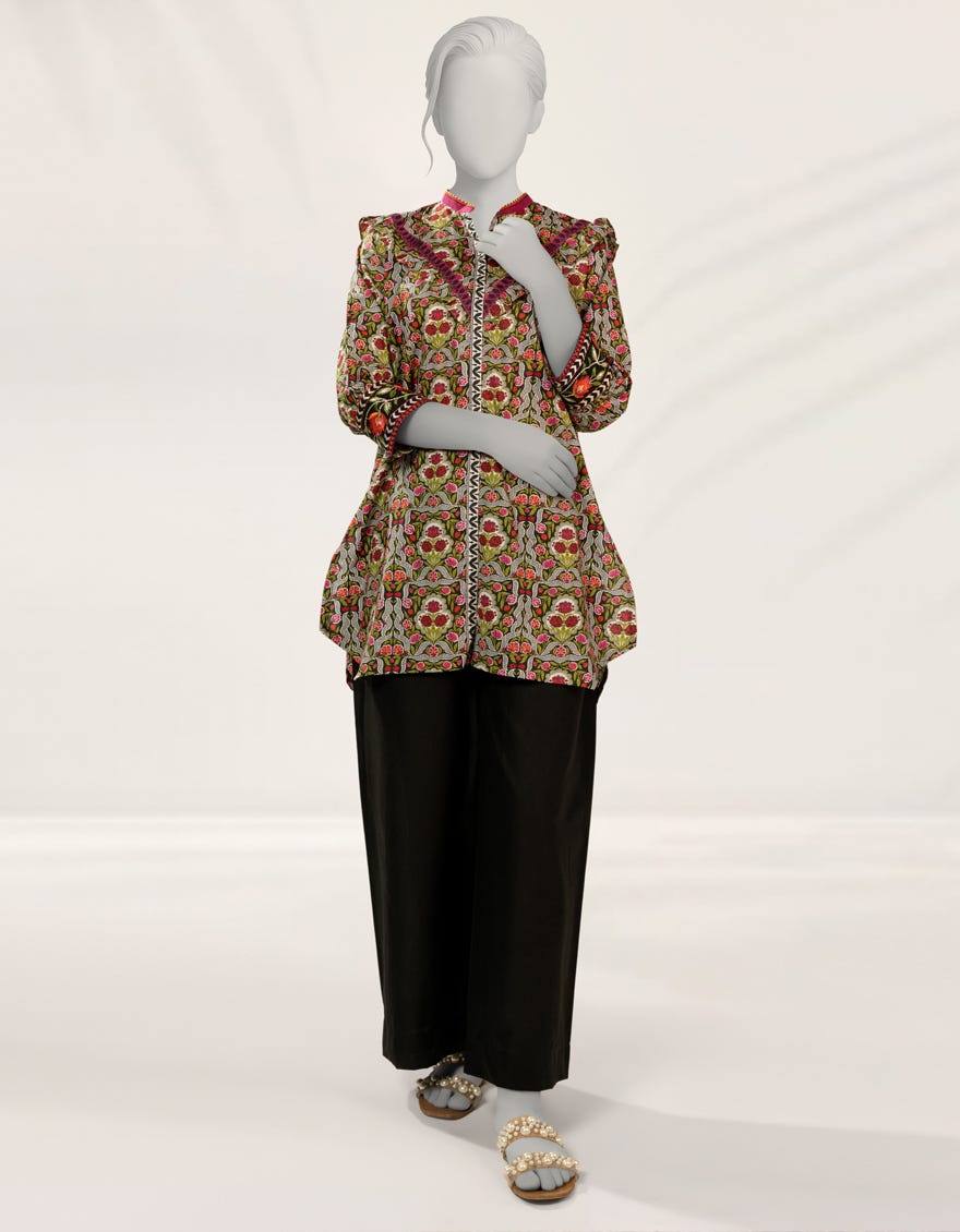 GREEN EMBROIDERED RAW SILK KURTA
