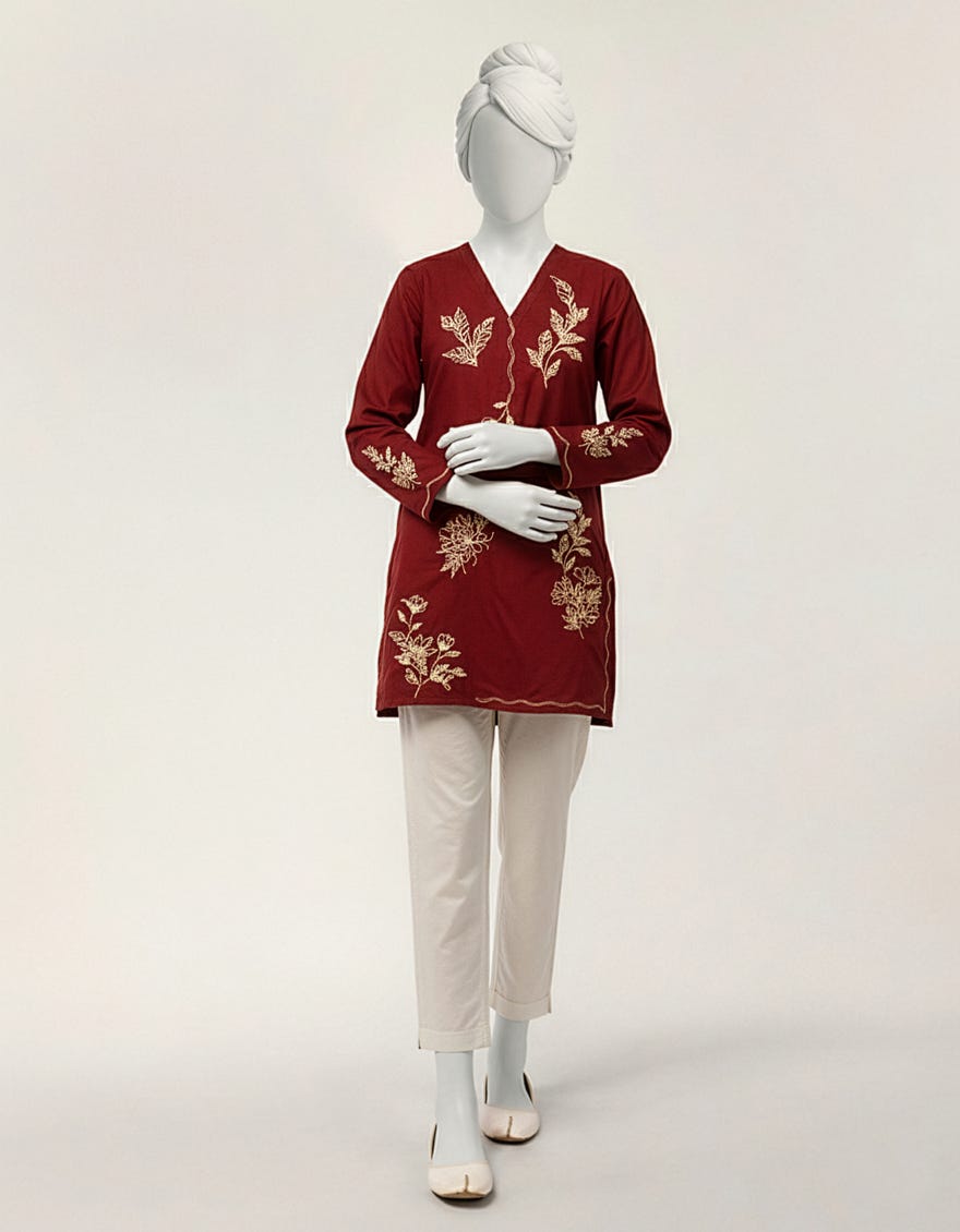 MAROON TEXTURED EMBROIDERED KURTA