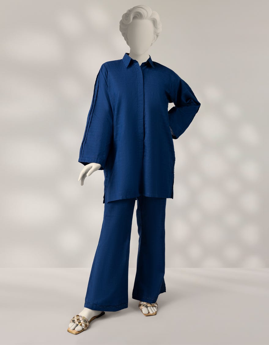 BLUE TEXTURED DYED 2PC STITCHED