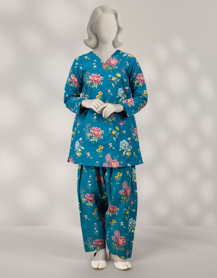 BLUE KHADDAR PRINTED 2PC STITCHED