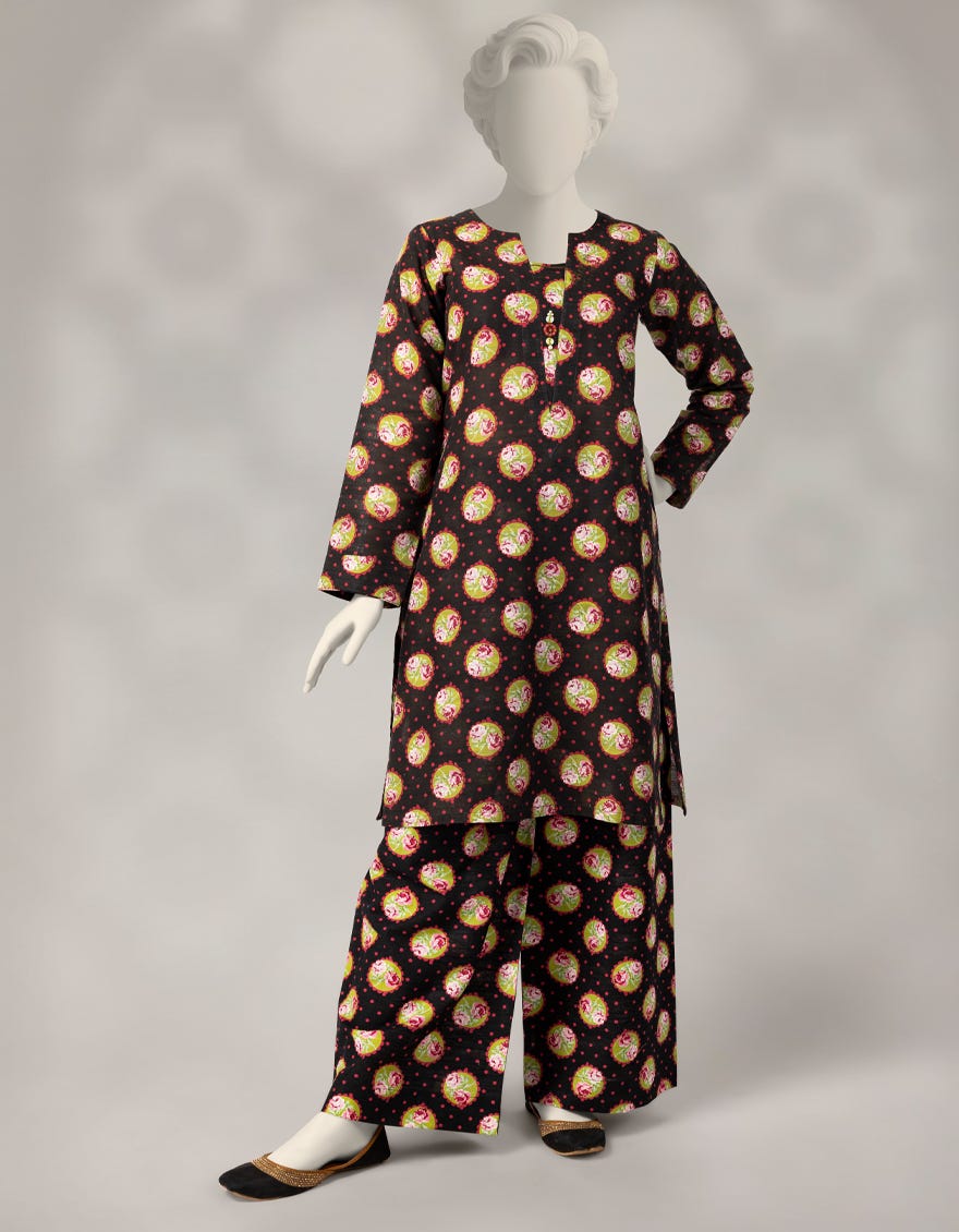 BLACK KHADDAR PRINTED 2PC STITCHED