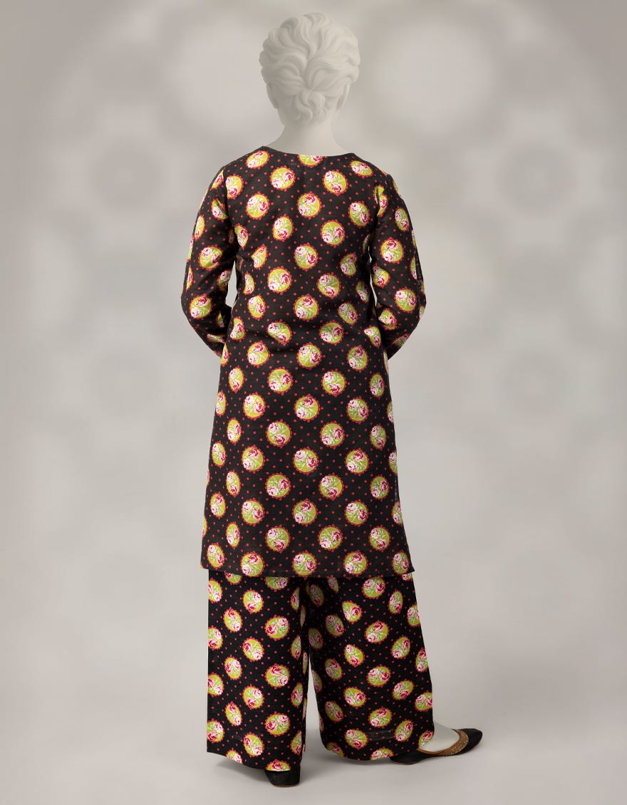 BLACK KHADDAR PRINTED 2PC STITCHED