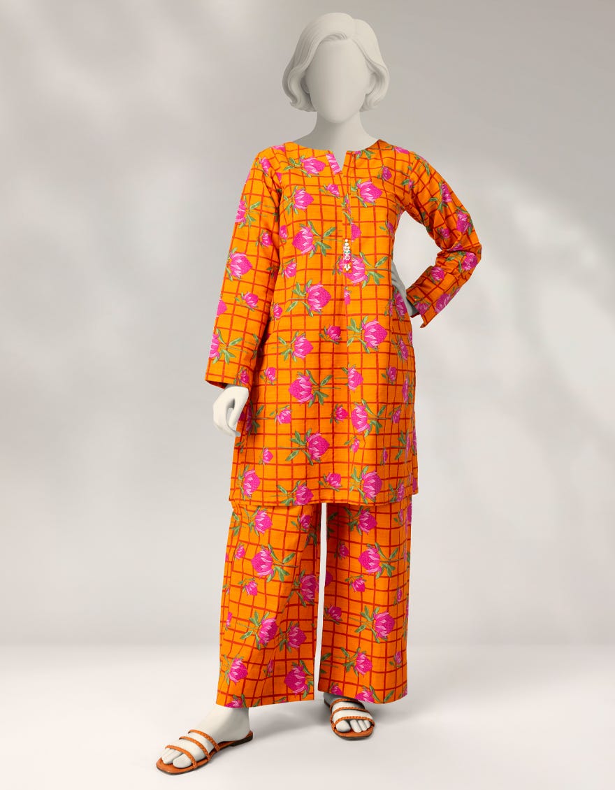 ORANGE KHADDAR PRINTED 2PC STITCHED