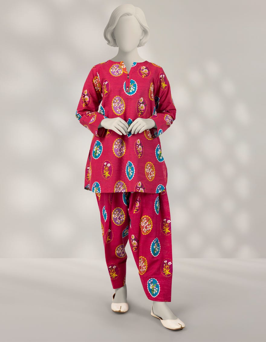 PINK KHADDAR PRINTED 2PC STITCHED