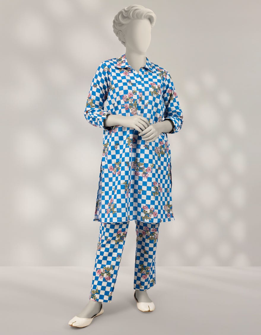 BLUE KHADDAR PRINTED 2PC STITCHED