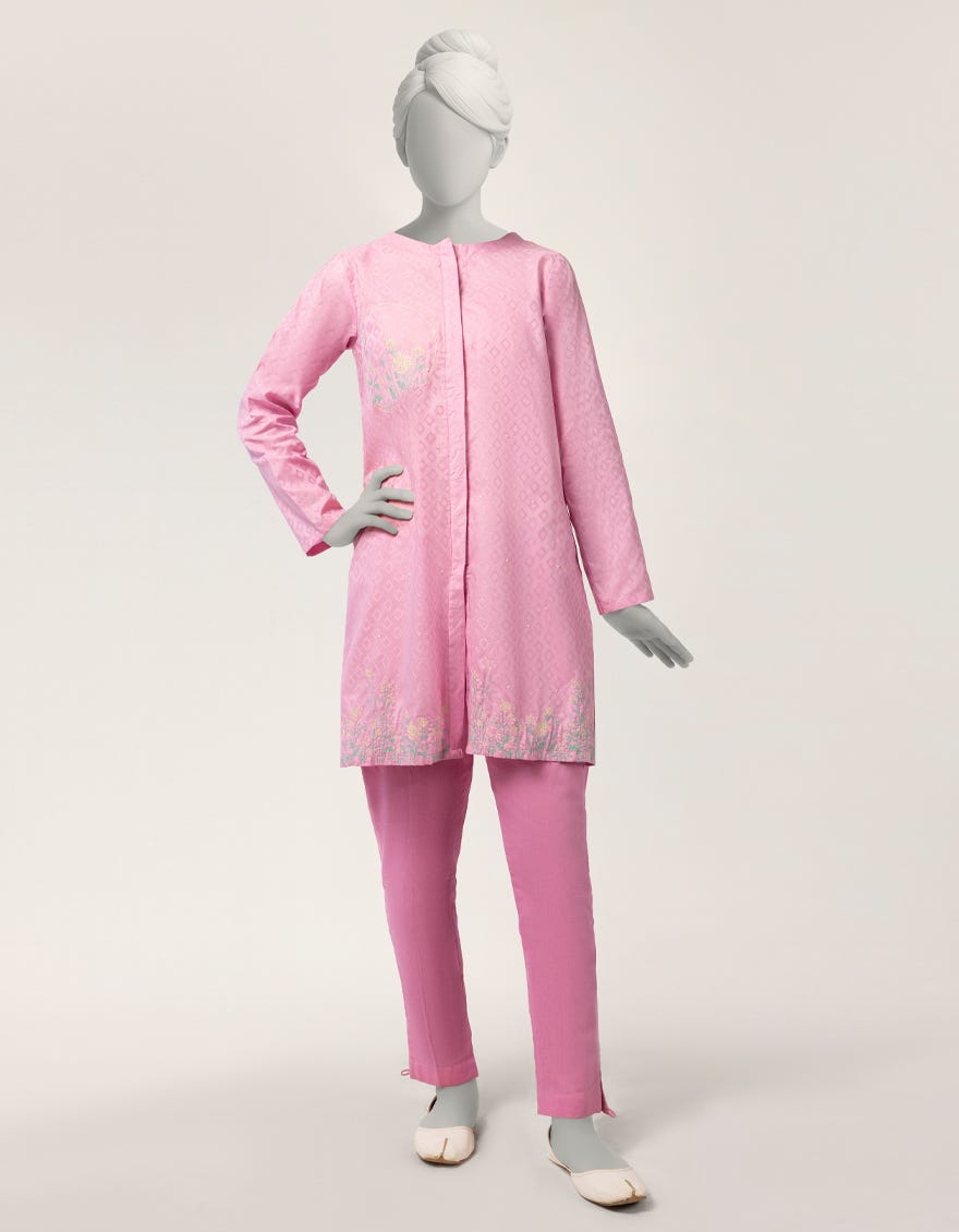 PINK DOBBY EMBROIDERED STITCHED 2PC