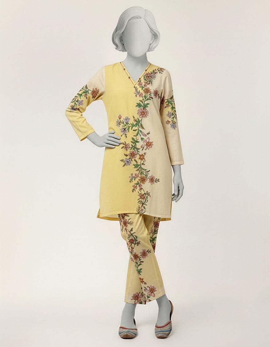 YELLOW LAWN PRINTED STITCHED 2PC