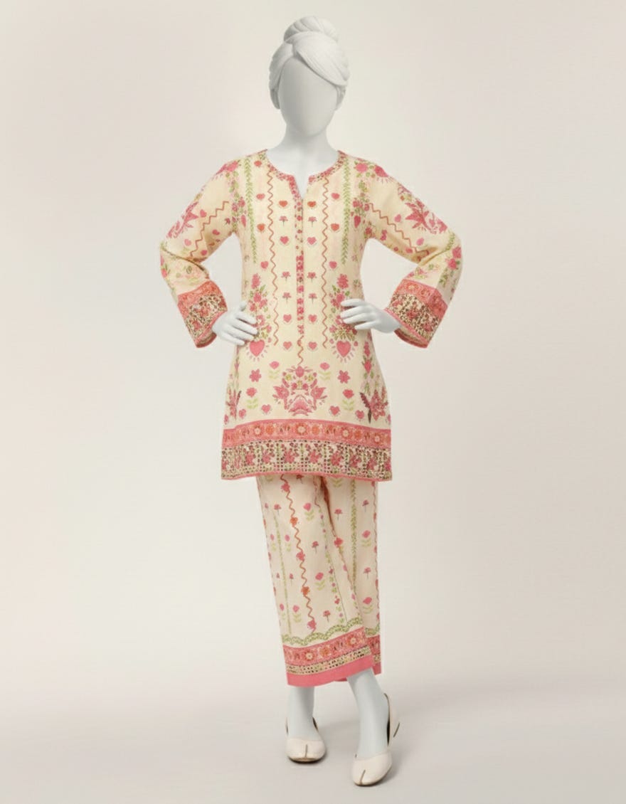 CREAM LAWN PRINTED STITCHED 2PC