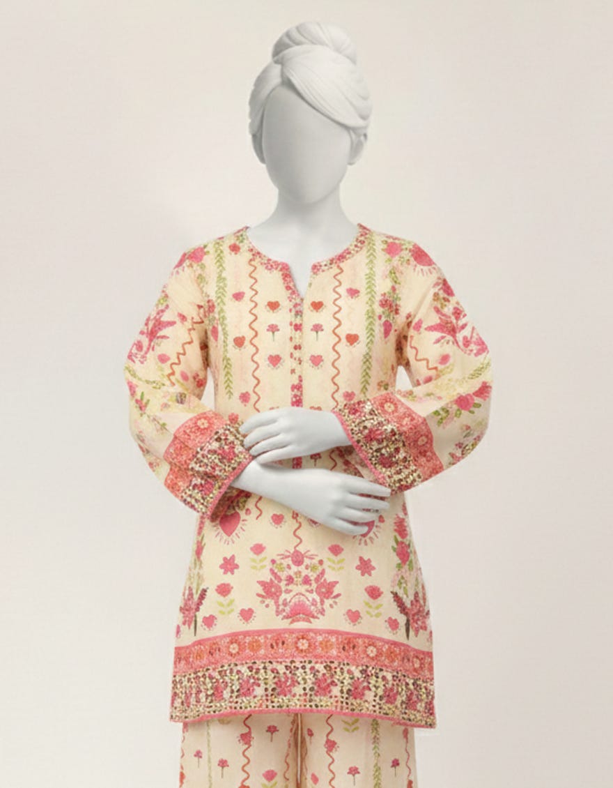 CREAM LAWN PRINTED STITCHED 2PC