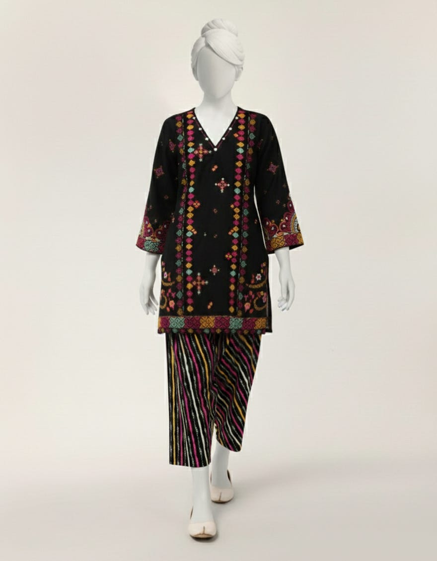 BLACK LAWN EMBROIDERED STITCHED 2PC