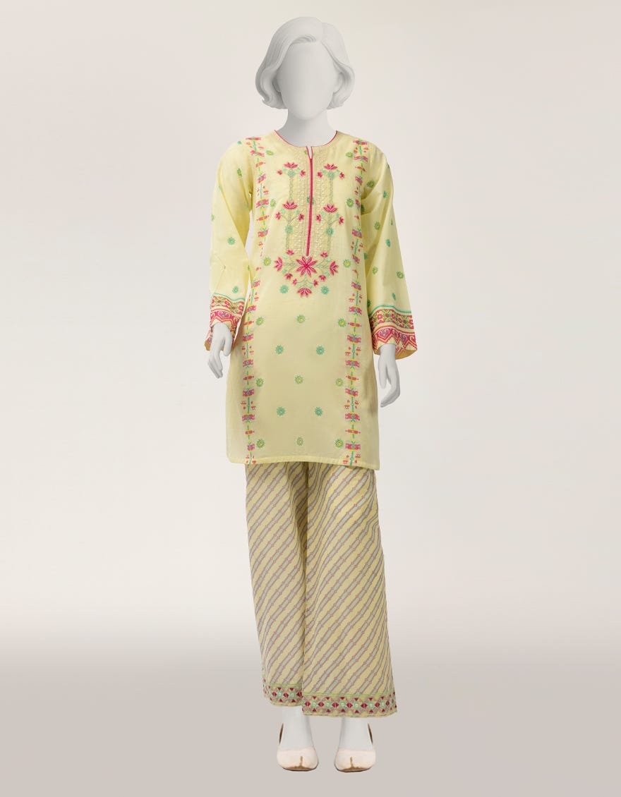 YELLOW LAWN EMBROIDERED STITCHED 2PC