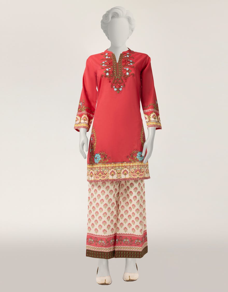RED LAWN EMBROIDERED STITCHED 2PC
