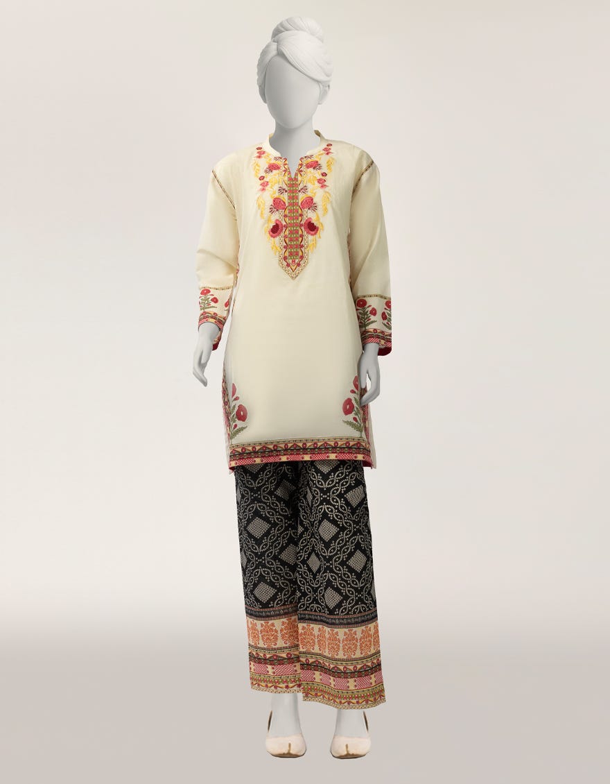 OFF WHITE LAWN EMBROIDERED STITCHED 2PC