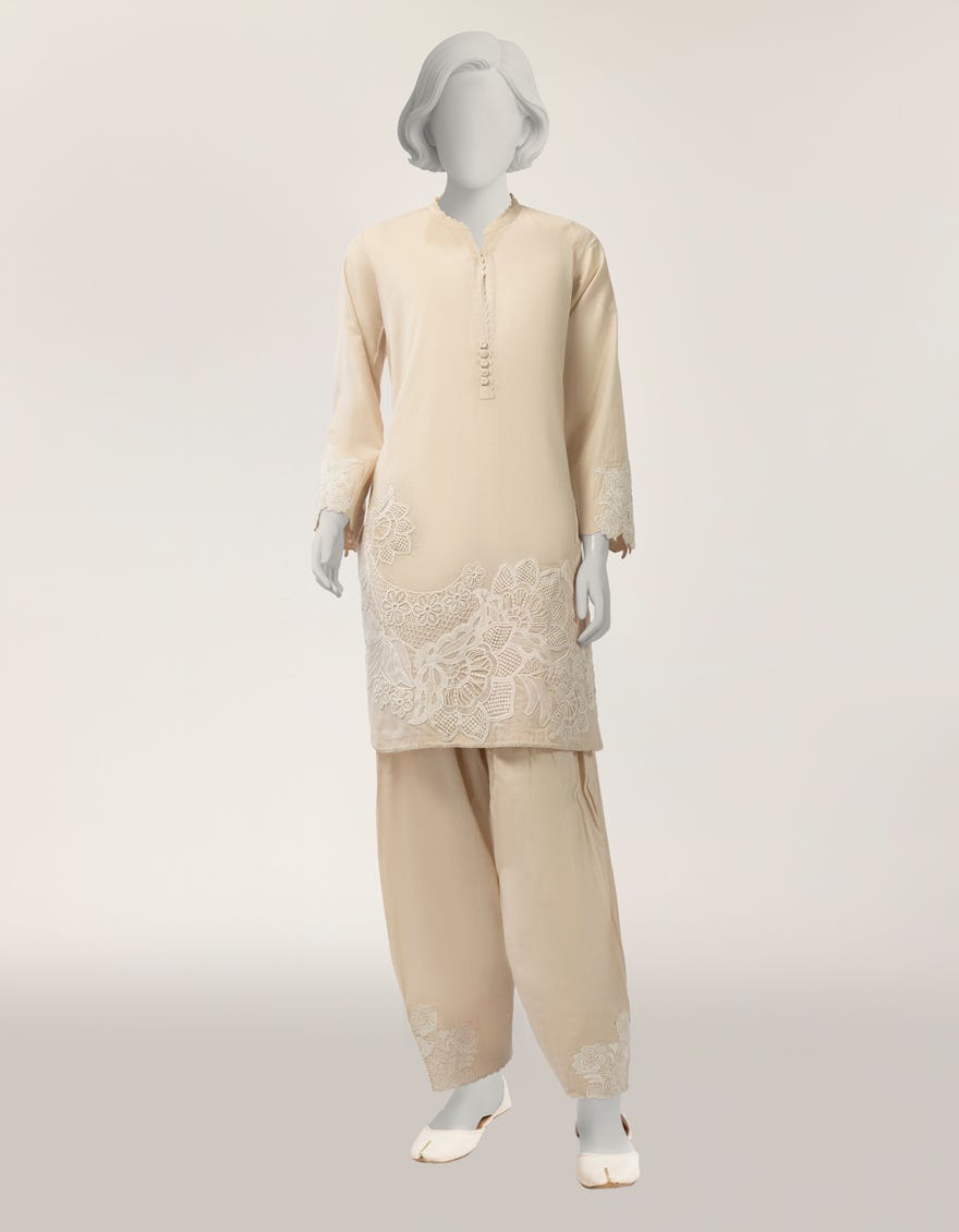 BEIGE LAWN EMBROIDERED STITCHED 2PC