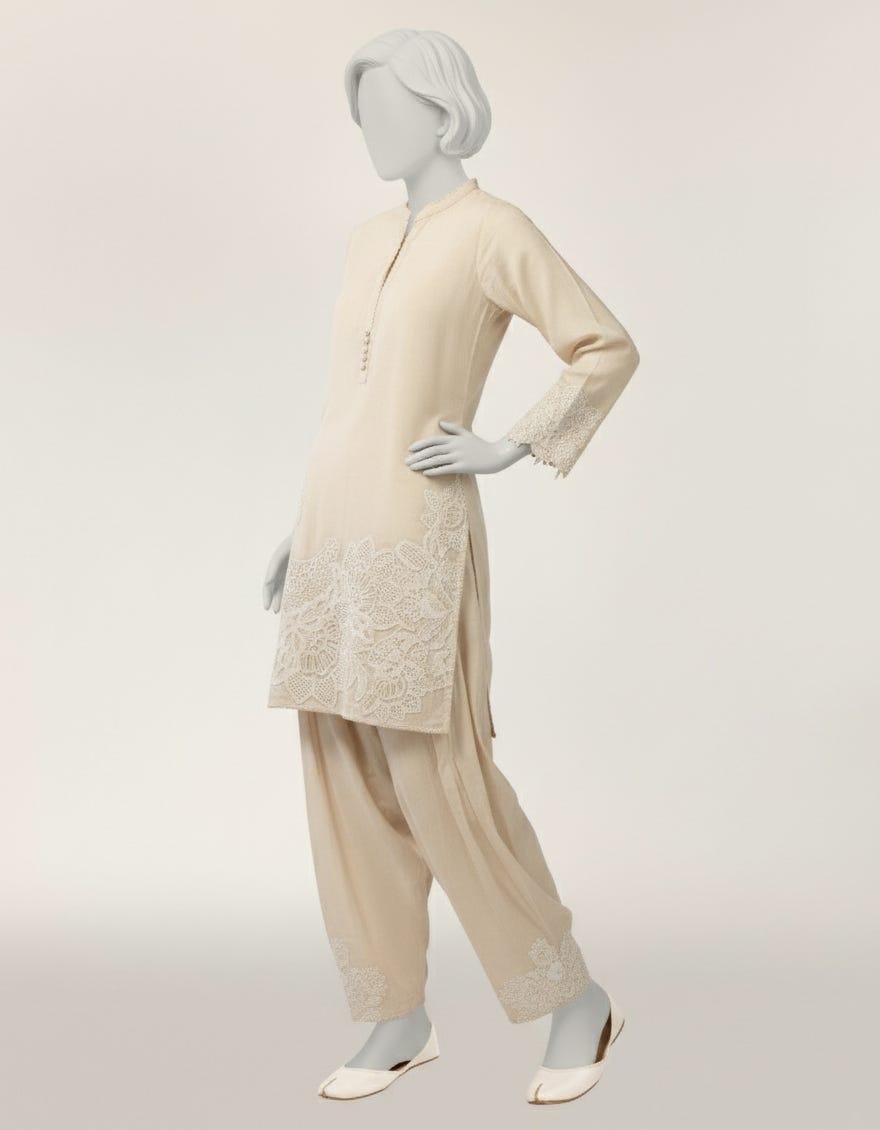 BEIGE LAWN EMBROIDERED STITCHED 2PC