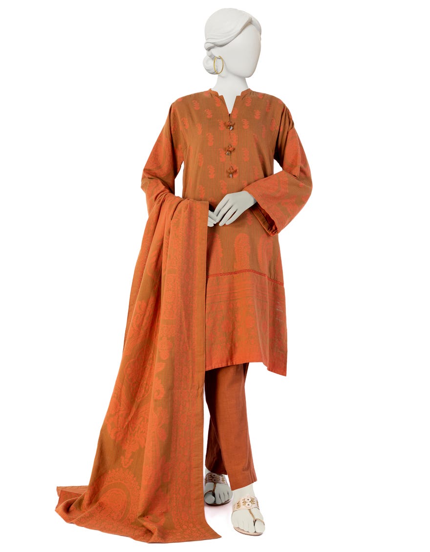 Orange Jacquard 3 Piece Stitched Dress | Jjpw-W-Jw-23-1706