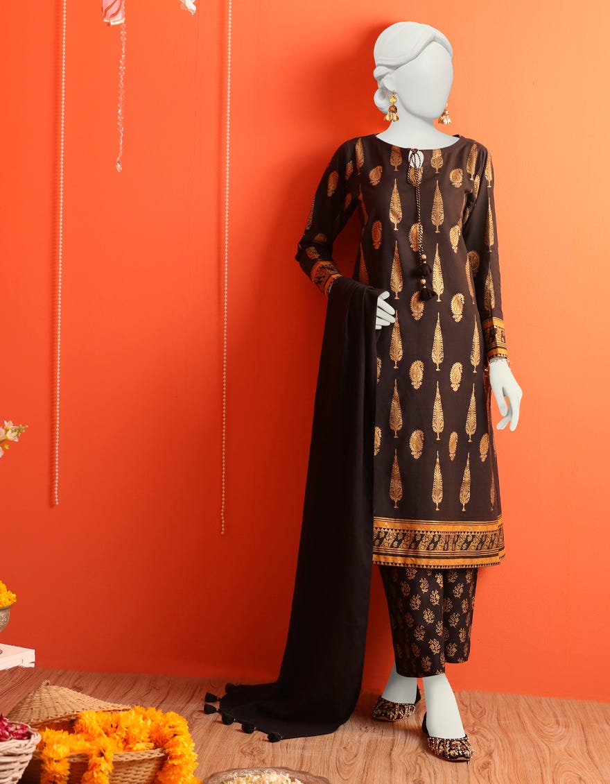 Black Khaddar 3 Piece Stitched Dress | Jjpw-W-Jw-23-1717