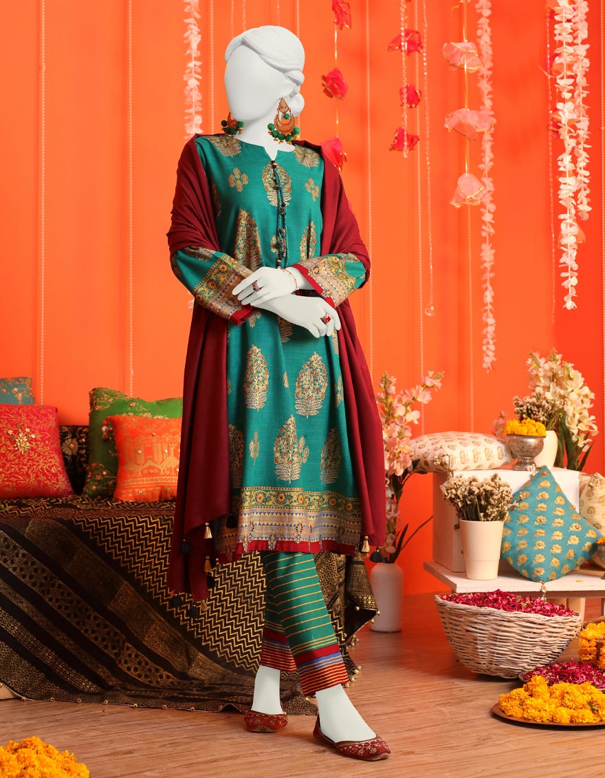 Green Khaddar 3 Piece Stitched Dress | Jjpw-W-Jw-23-1718