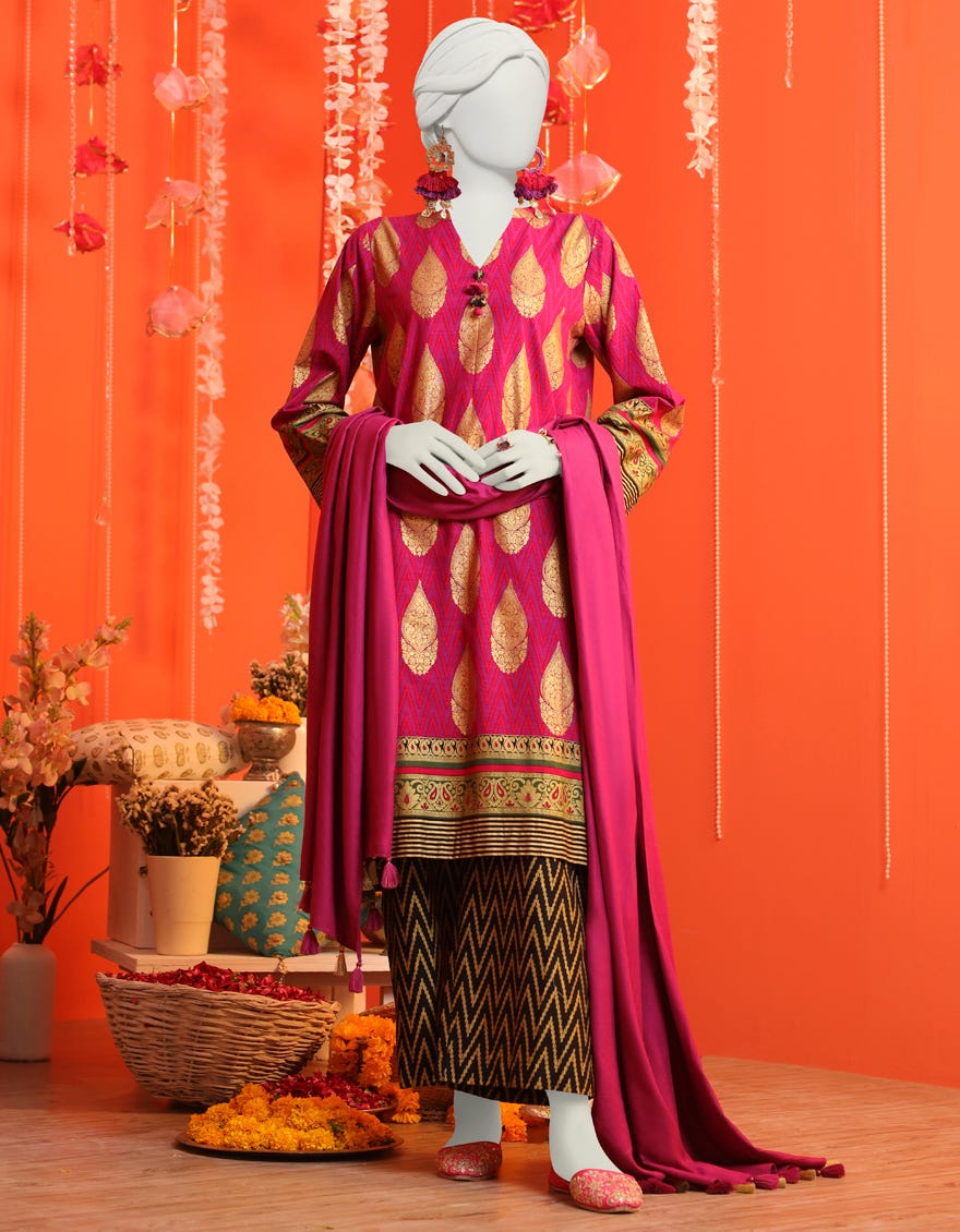 Pink Khaddar 3 Piece Stitched Dress | Jjpw-W-Jw-23-1719