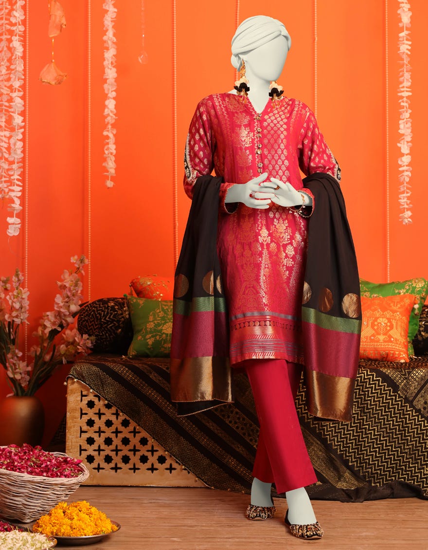 Maroon Jacquard 3 Piece Stitched Dress | Jjpw-W-Jw-23-1720
