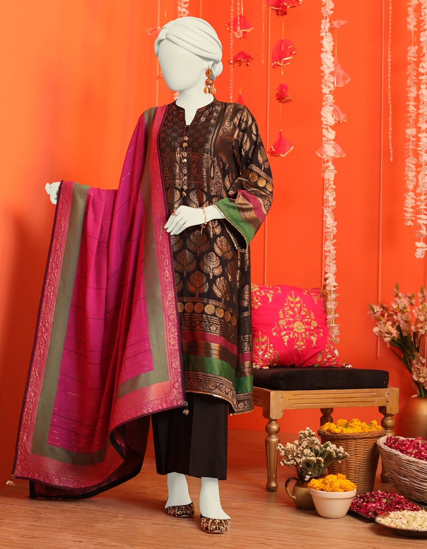 Black Jacquard 3 Piece Stitched Dress | Jjpw-W-Jw-23-1721