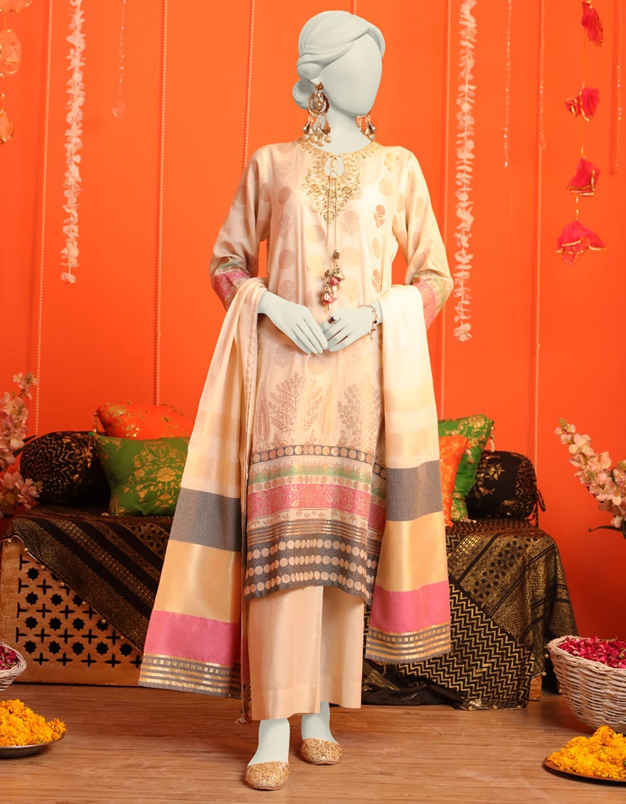 Beige Jacquard 3 Piece Stitched Dress | Jjpw-W-Jw-23-1722