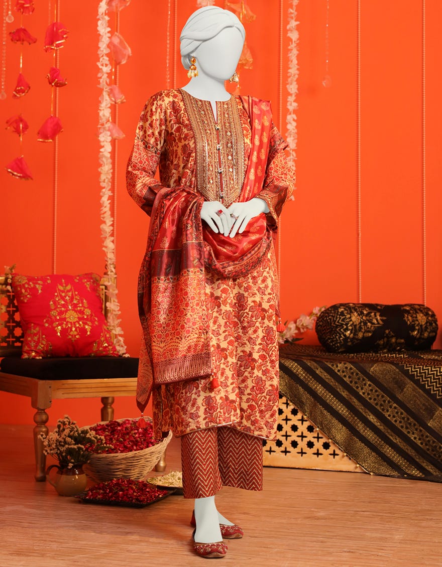 Orange Silk 3 Piece Stitched Dress | Jjpw-W-Jw-23-1727
