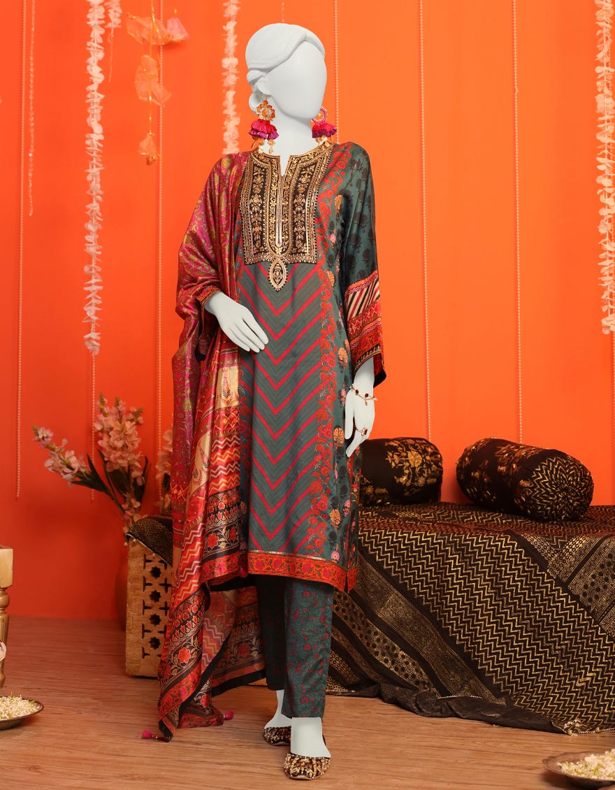 Green Silk 3 Piece Stitched Dress | Jjpw-W-Jw-23-1728