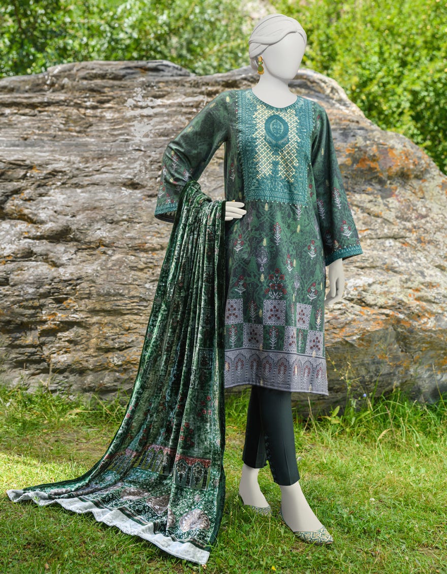 Green Jacquard 3 Piece Stitched Dress | Jjpw-W-Jw-23-1749