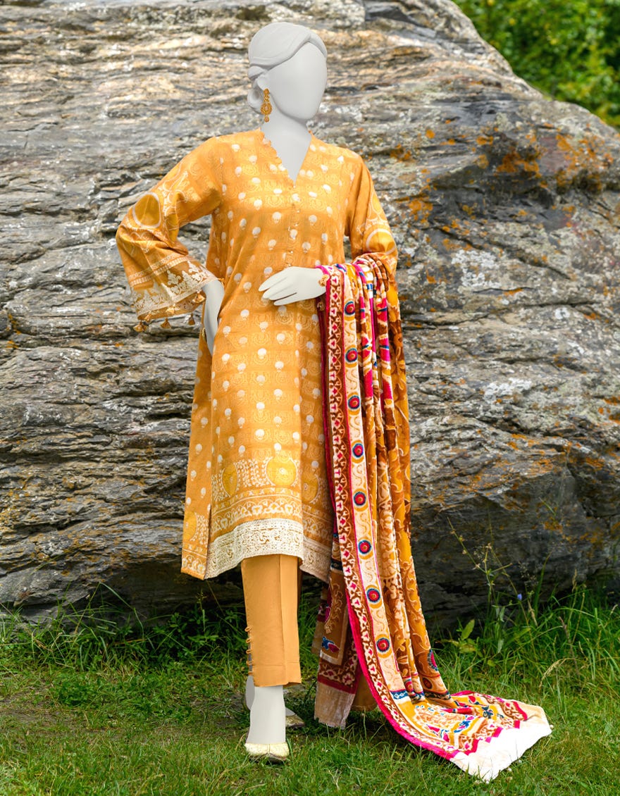 Yellow Jacquard Unstitched 3 Piece Dress | Jjls-W-Jw-23-1752