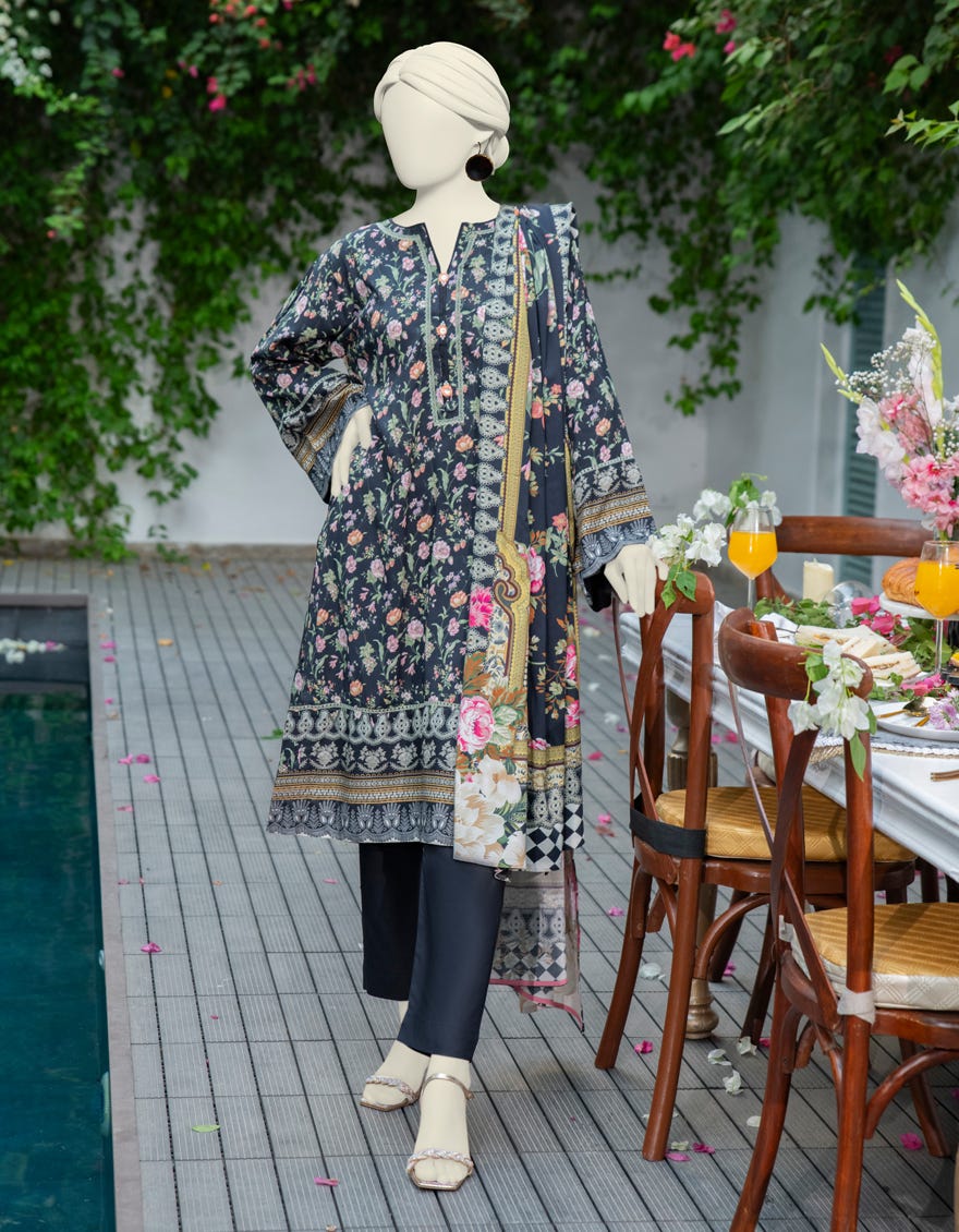 BLACK LINEN PRINTED 3PC STITCHED