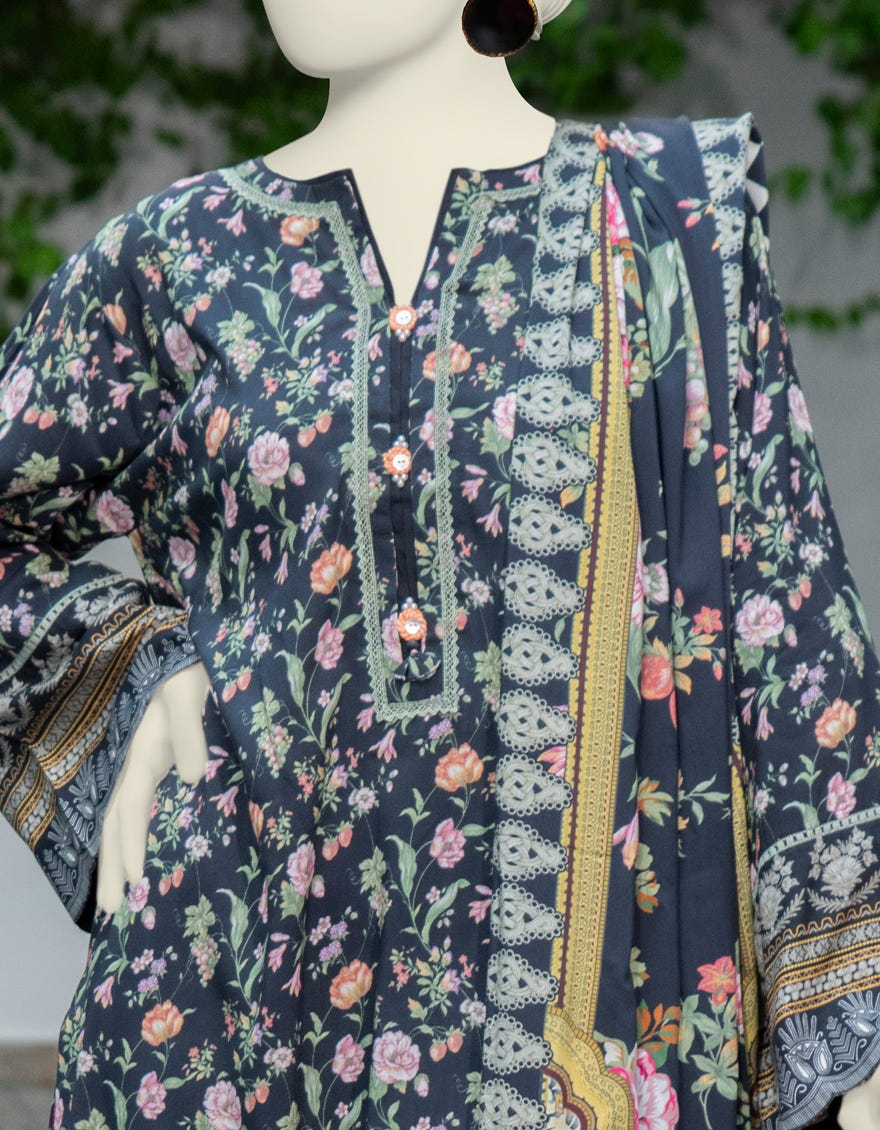 BLACK LINEN PRINTED 3PC STITCHED