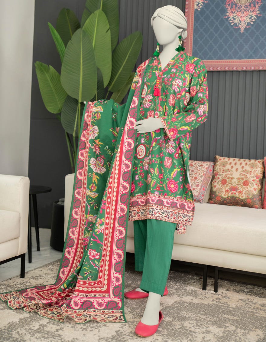 GREEN KHADDAR PRINTED 3PC STITCHED