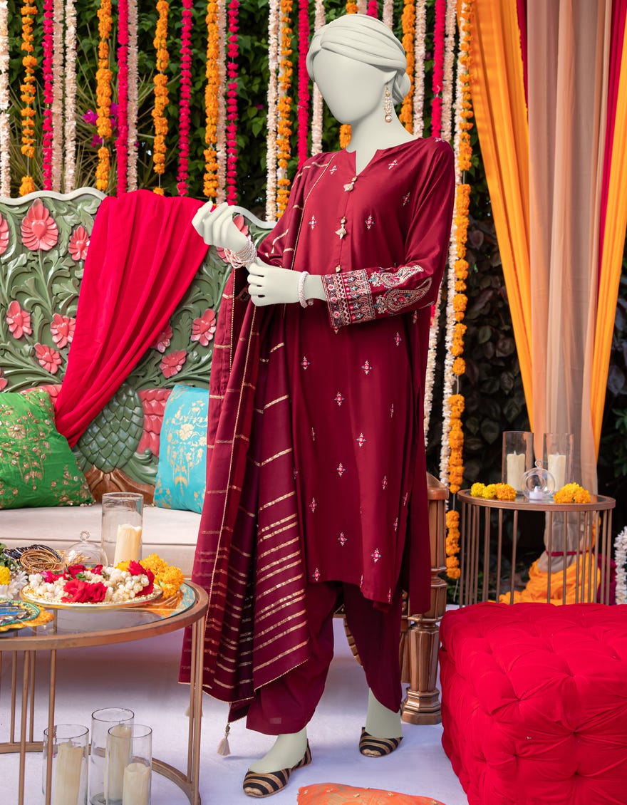 MAROON LINEN EMBROIDERED 3PC STITCHED