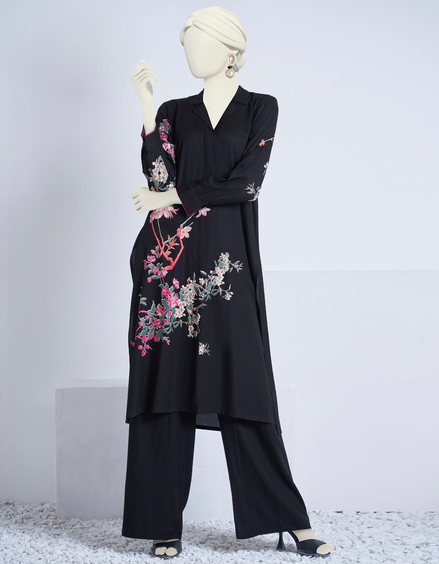 Black Linen 2 Piece Stitched Dress | Jjpw-S-Jw2-23-2004