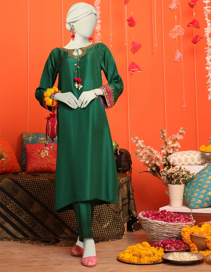 Green Raw Silk 2 Piece Stitched Dress | Jjpw-W-Jw2-23-2022