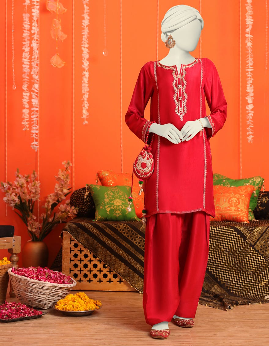 Red Raw Silk 2 Piece Stitched Dress | Jjpw-W-Jw2-23-2023