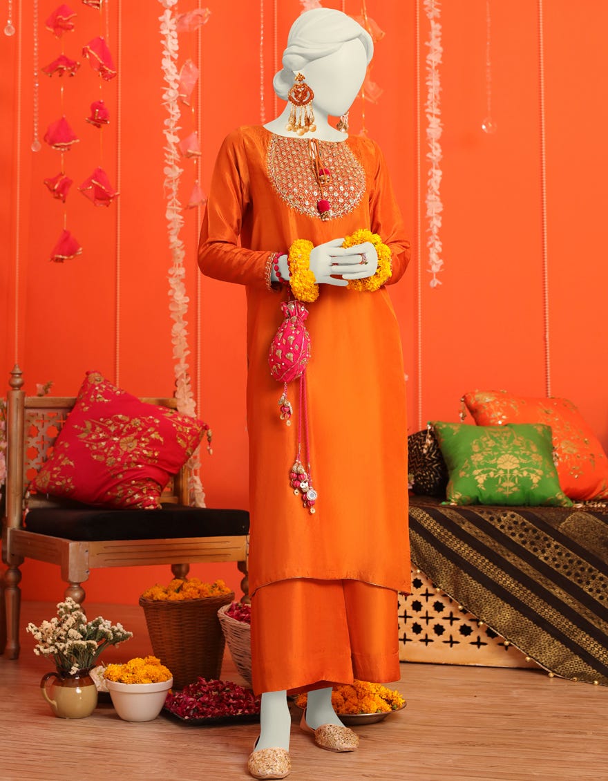 Orange Raw Silk 2 Piece Stitched Dress | Jjpw-W-Jw2-23-2024
