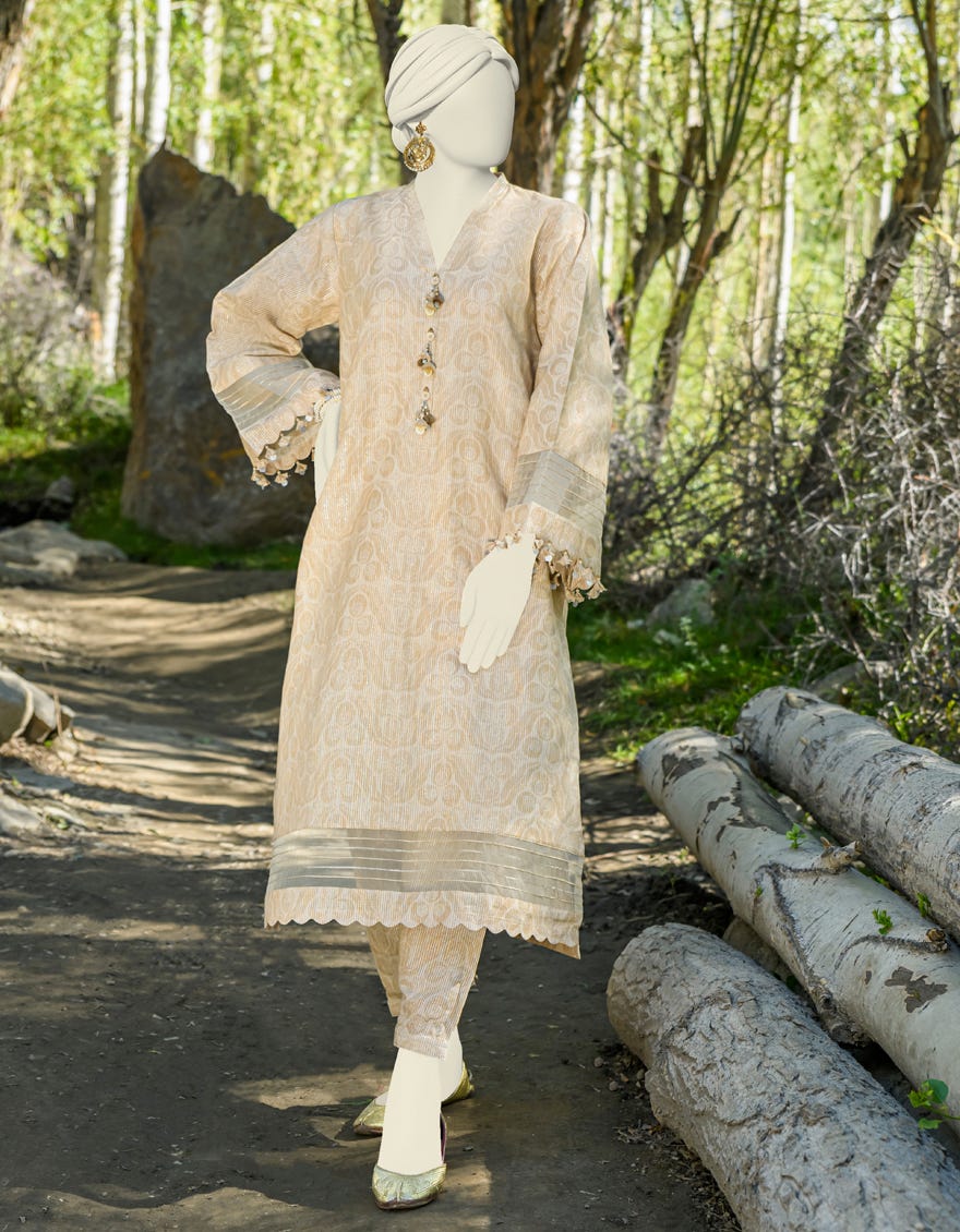 Beige Jacquard Unstitched 2 Piece Dress | Jjls-W-Jw2-23-2036