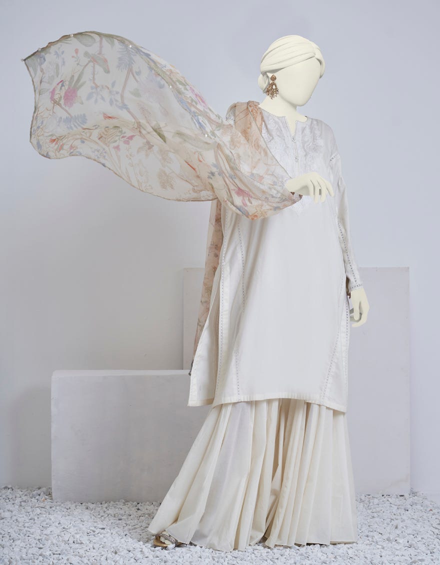 Cream Lawn 2 Piece Stitched Dress | Jjpw-S-Jw2-23-7001