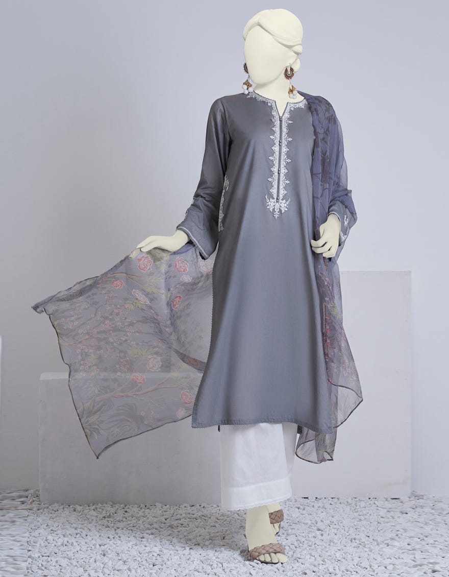 Grey Lawn 2 Piece Stitched Dress | Jjpw-S-Jw2-23-7002