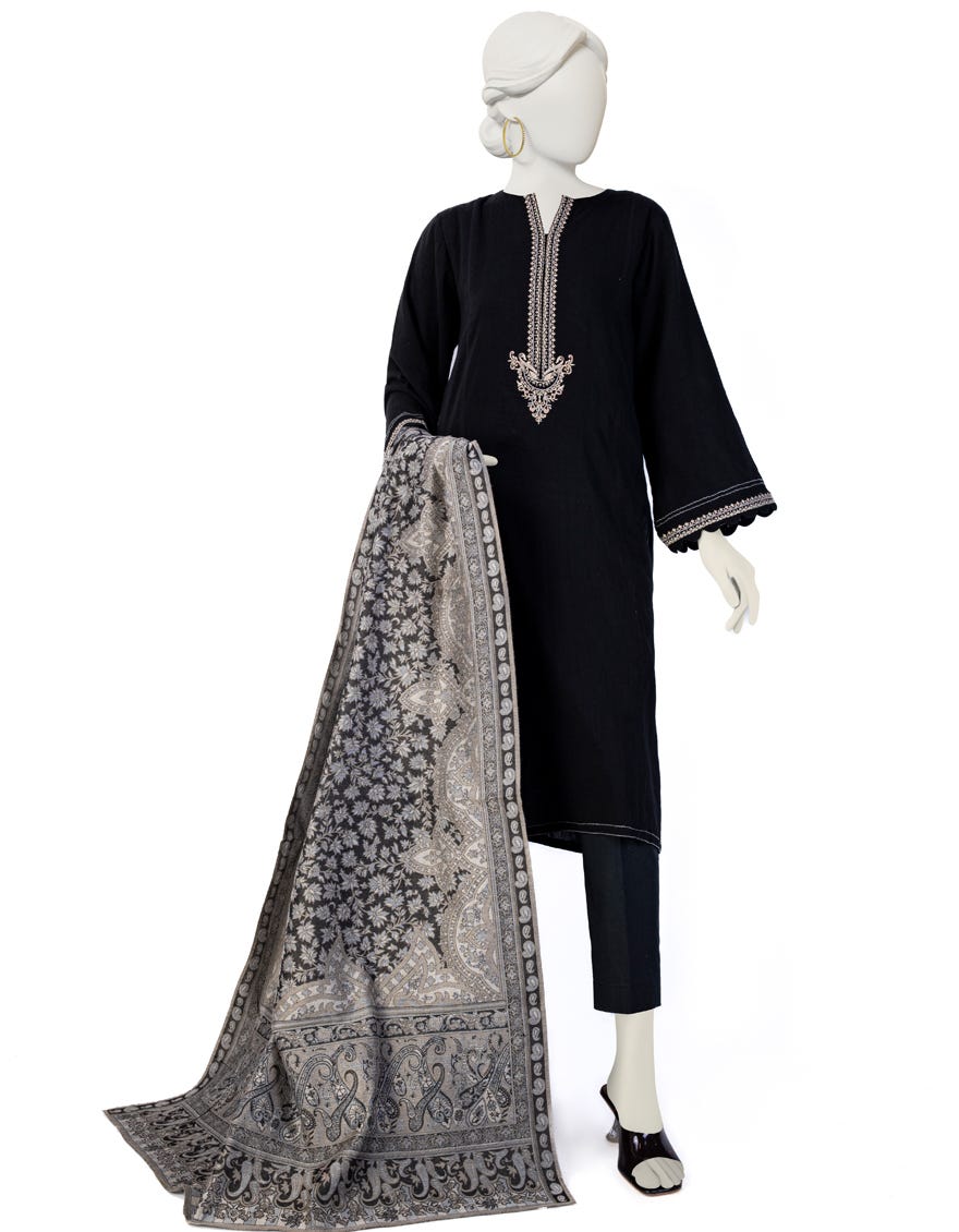 Black Khaddar 2 Piece Stitched Dress | Jjpw-W-Jw2-23-7026
