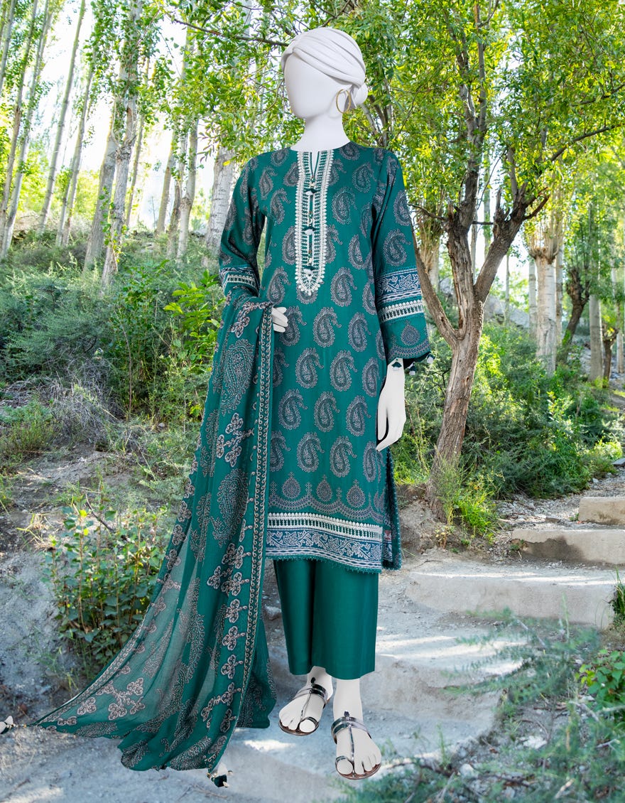 Green Cambric Unstitched 2 Piece Dress | Jjls-W-Jw2-23-7034