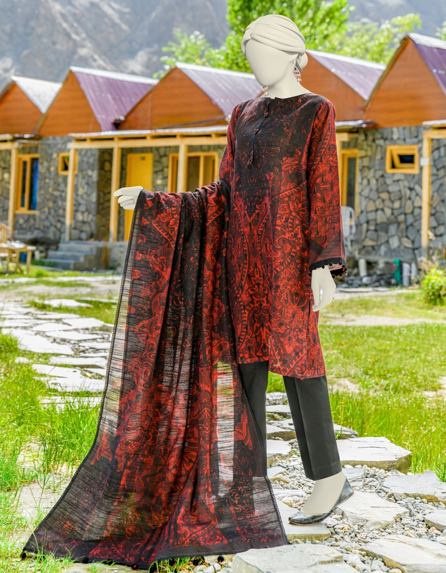 Red Khaddar Unstitched 2 Piece Dress | Jjls-W-Jw2-23-7040