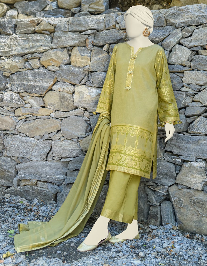 Olive Jacquard Unstitched 2 Piece Dress | Jjls-W-Jw2-23-7056
